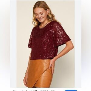 Skies Are Blue Burgundy Sequin Short Dolman Sleeve Blouse